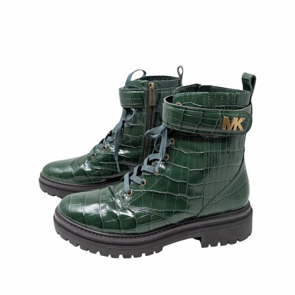 NWOT MICHAEL KORS Stark Crocodile Embossed Leather Combat Boot green - Picture 2 of 8